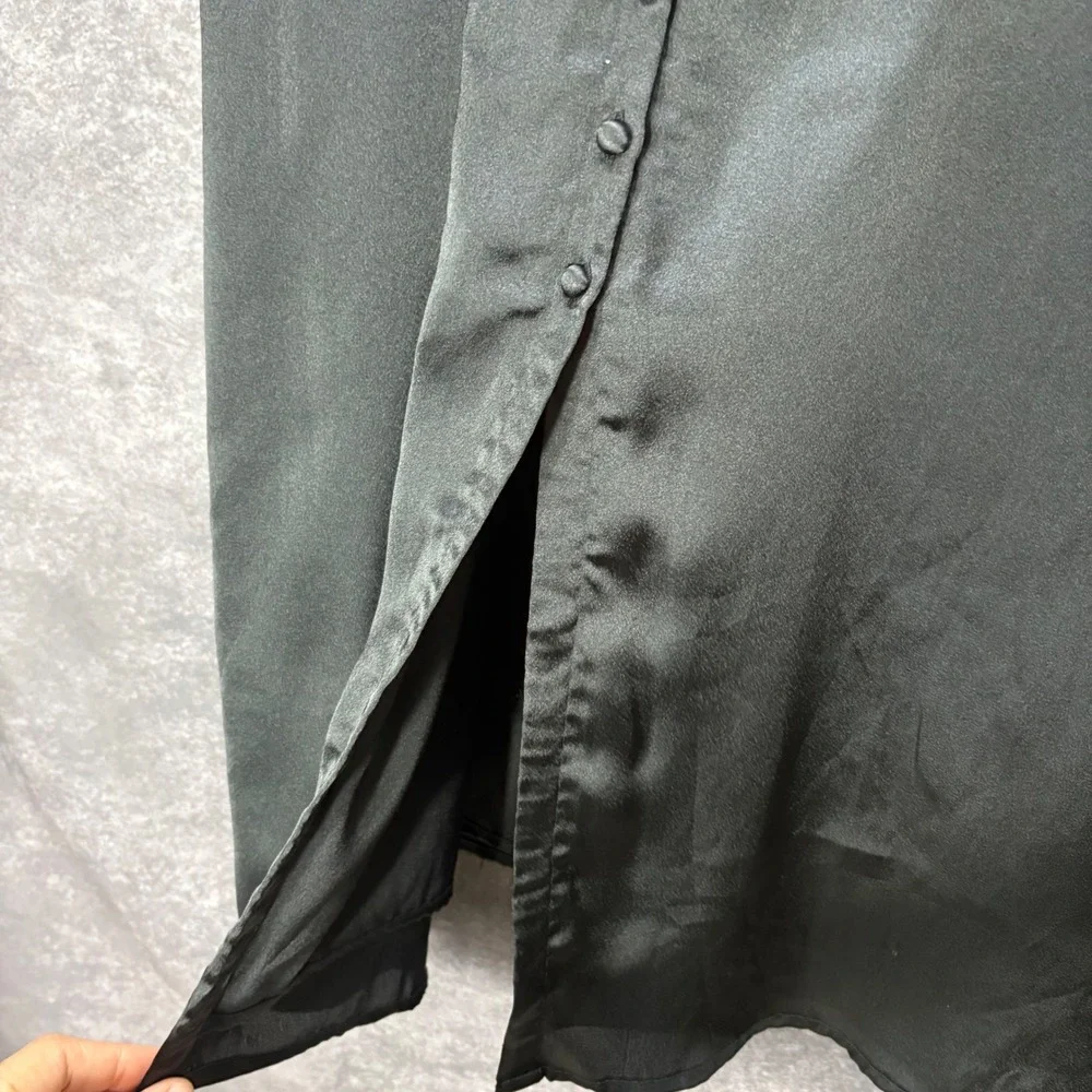 Abercrombie Fitch Black Satin Button Front Midi Slip Dress Size L Smocked Back